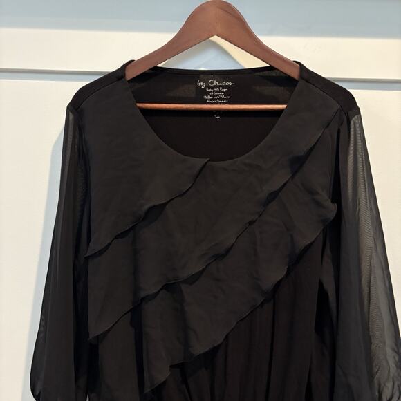 Chico’s Tunic Top Women Large (2) Black Ruffle Tiered Chiffon Elastic Waist - Picture 3 of 13